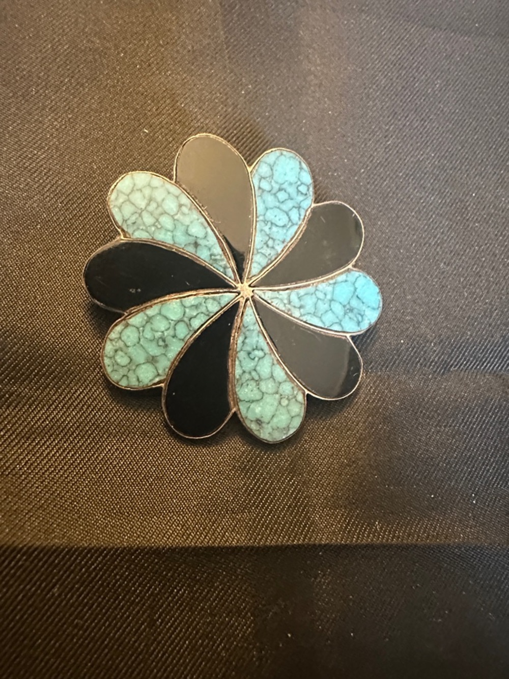 Vintage Taxco Mexico Sterling Silver Turquoise & Onyx Flower Brooch Pendant